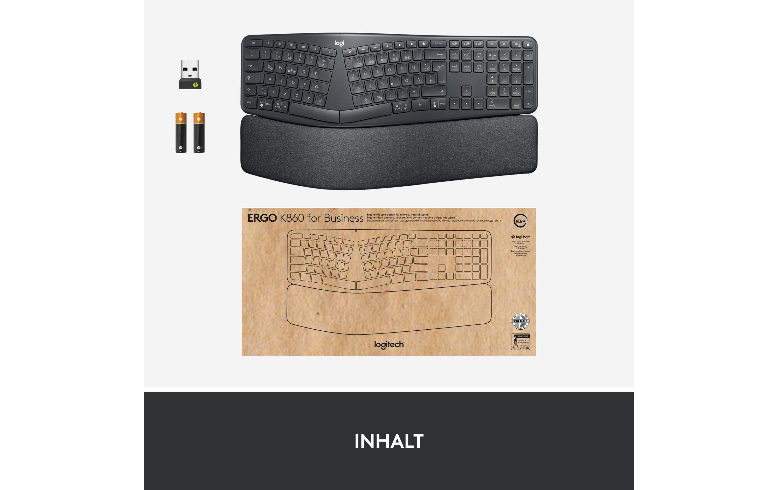 Tastatur K860 for Business<br>Ergonomische und kabellose Tastatur mit Logi Bolt Empfänger