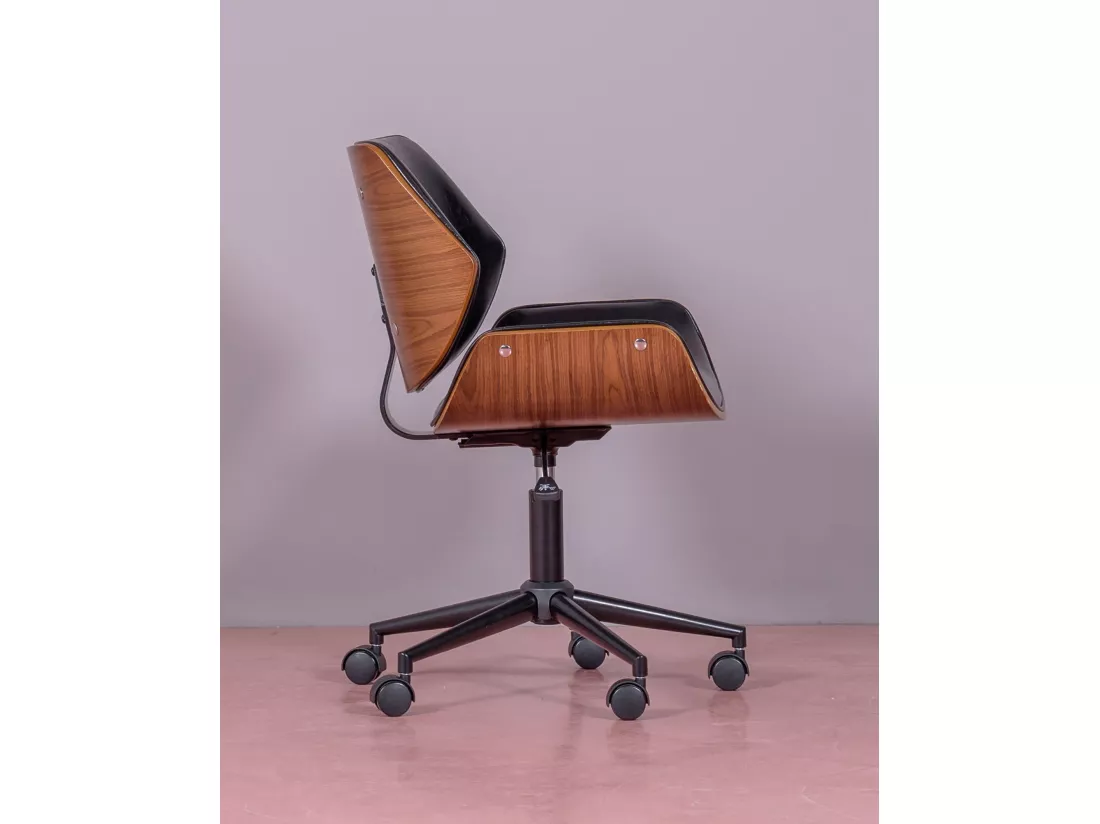 Chaise de bureau rétro en bois de noyer et cuir synthétique - Nordic - Noir