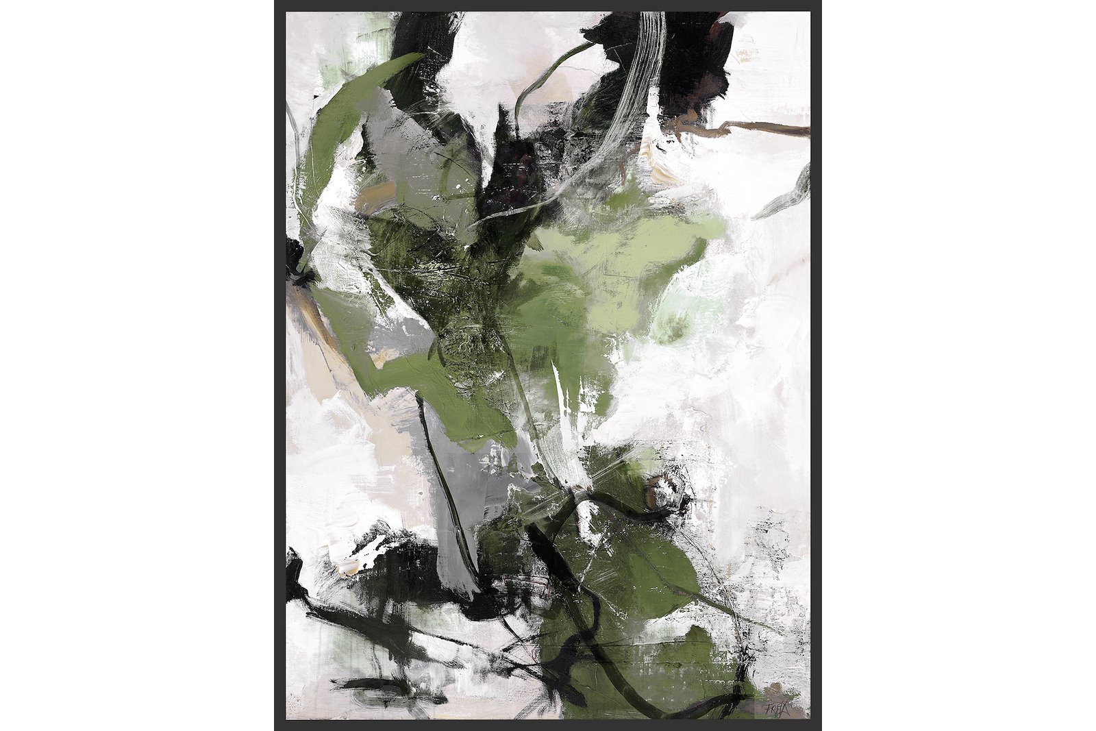 Green Vibes bilde Hvitt, grønt og sort maleri, med sort ramme 60x80 cm