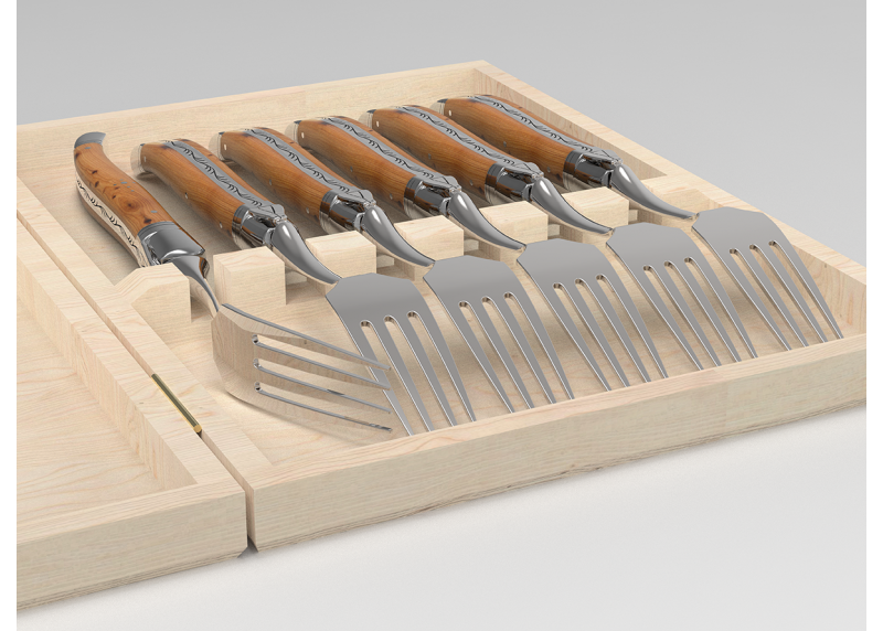 Service de 6 fourchettes Laguiole avec un manche en bois de genévrier et mitres en acier inoxydable