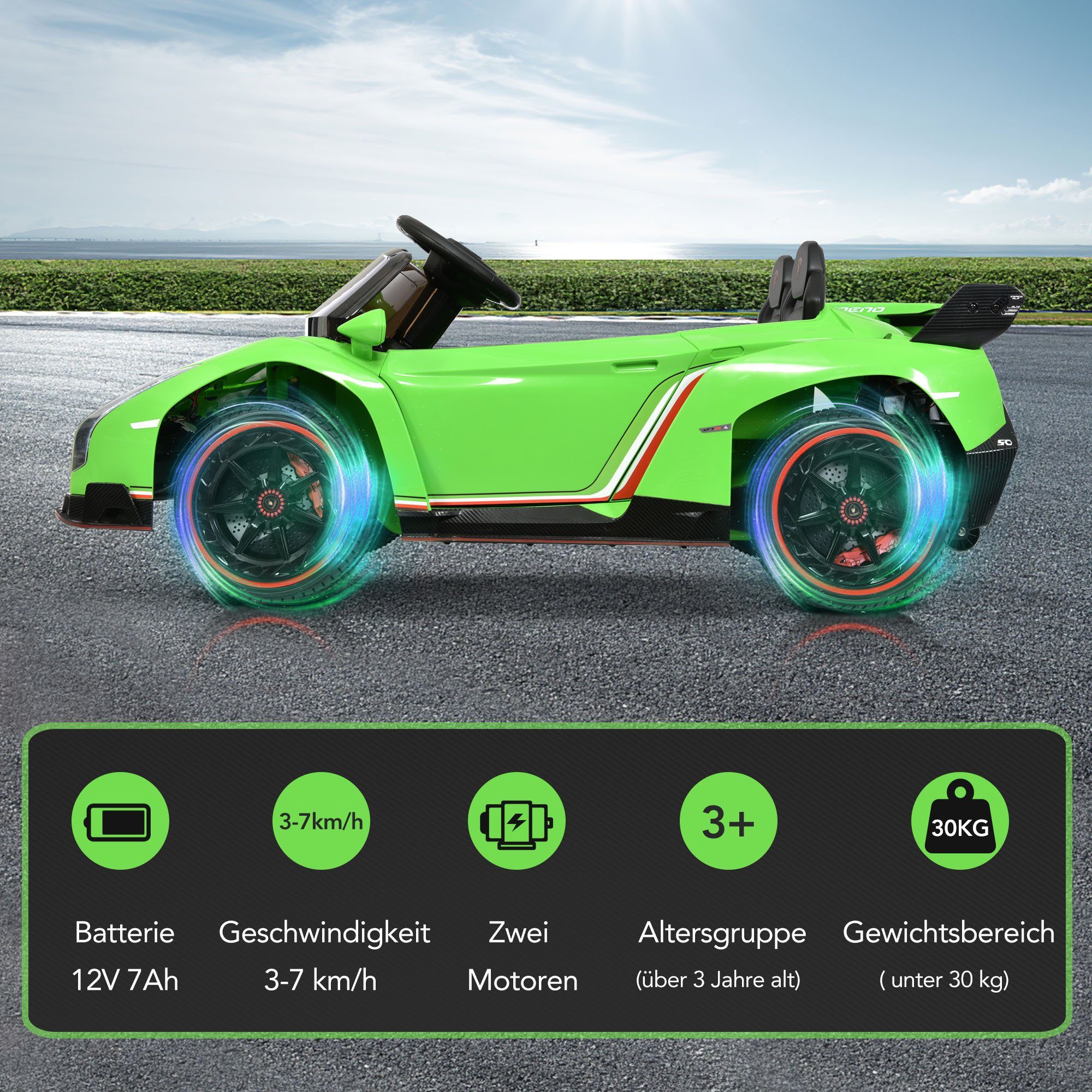 Carrinho elétrico infantil REDOM LAMBORGHINI VENENO com 2 motores, Bluetooth, portas duplas, 3 velocidades e música MP3, indicado para crianças a partir de 3 anos.