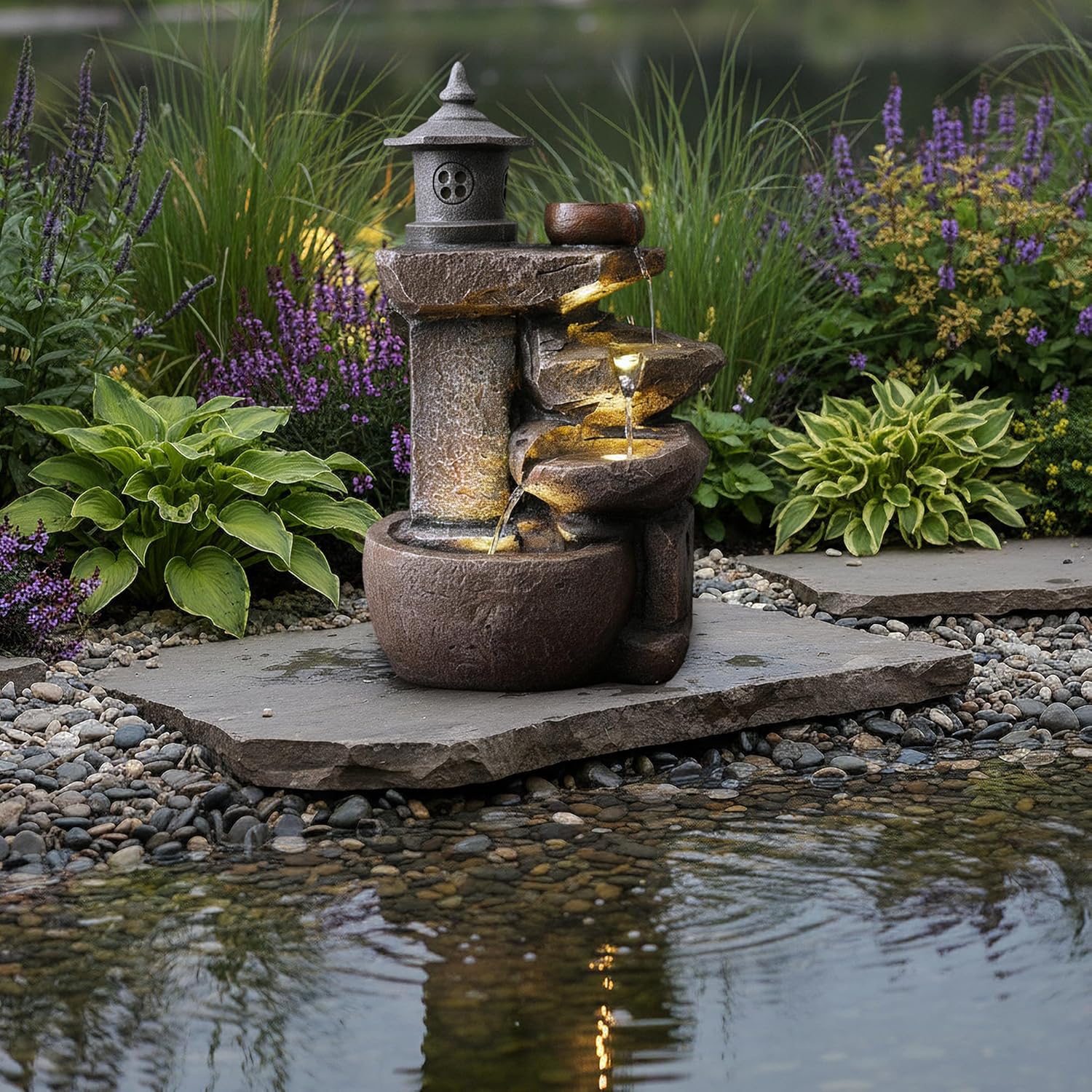 Arnusa Springbrunnen BK851 Wasserfall mit Beleuchtung Gartenbrunnen Zimmerbrunnen Kaskade Brunnen Terrassenbrunnen Dekoration, Braun Grau, 50x30 cm