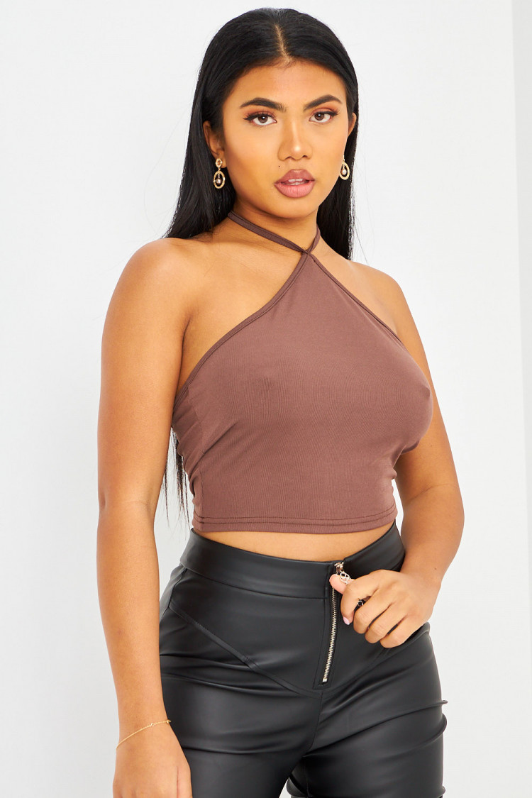 Crop top marron dos nu à nouer autour du cou