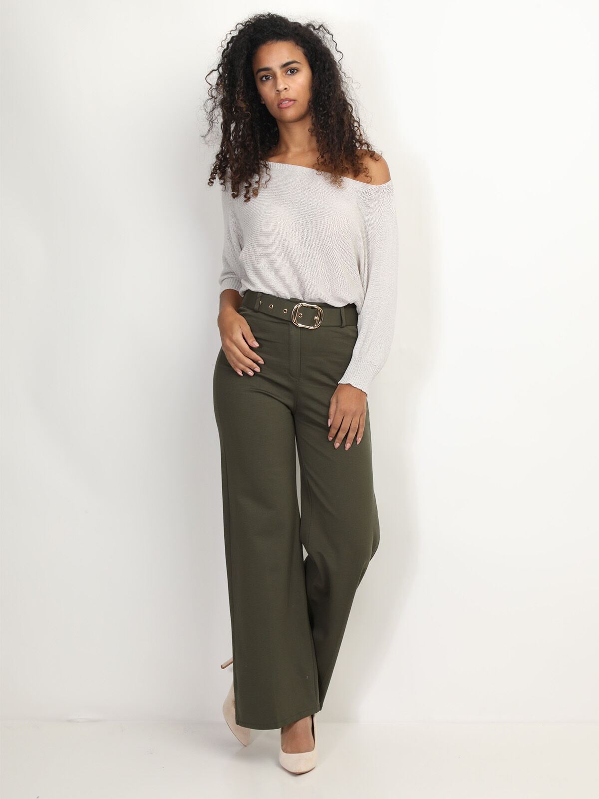 Pantalon évasé avec ceinture- Kaki