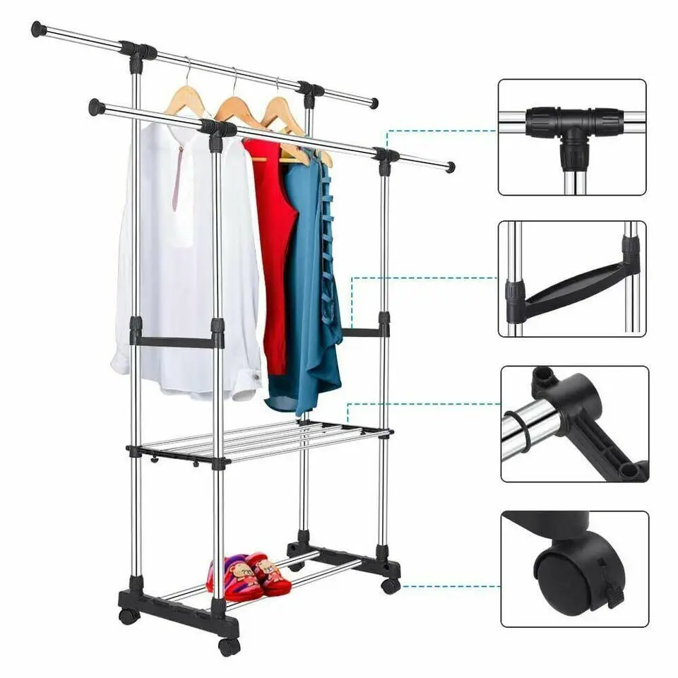 Gerimport Kledingrek - mobiel - dubbele stang - 160 cm