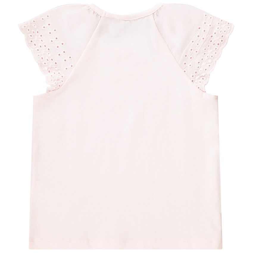 T-shirt manches courtes en broderie anglaise uni pour fille - Rose