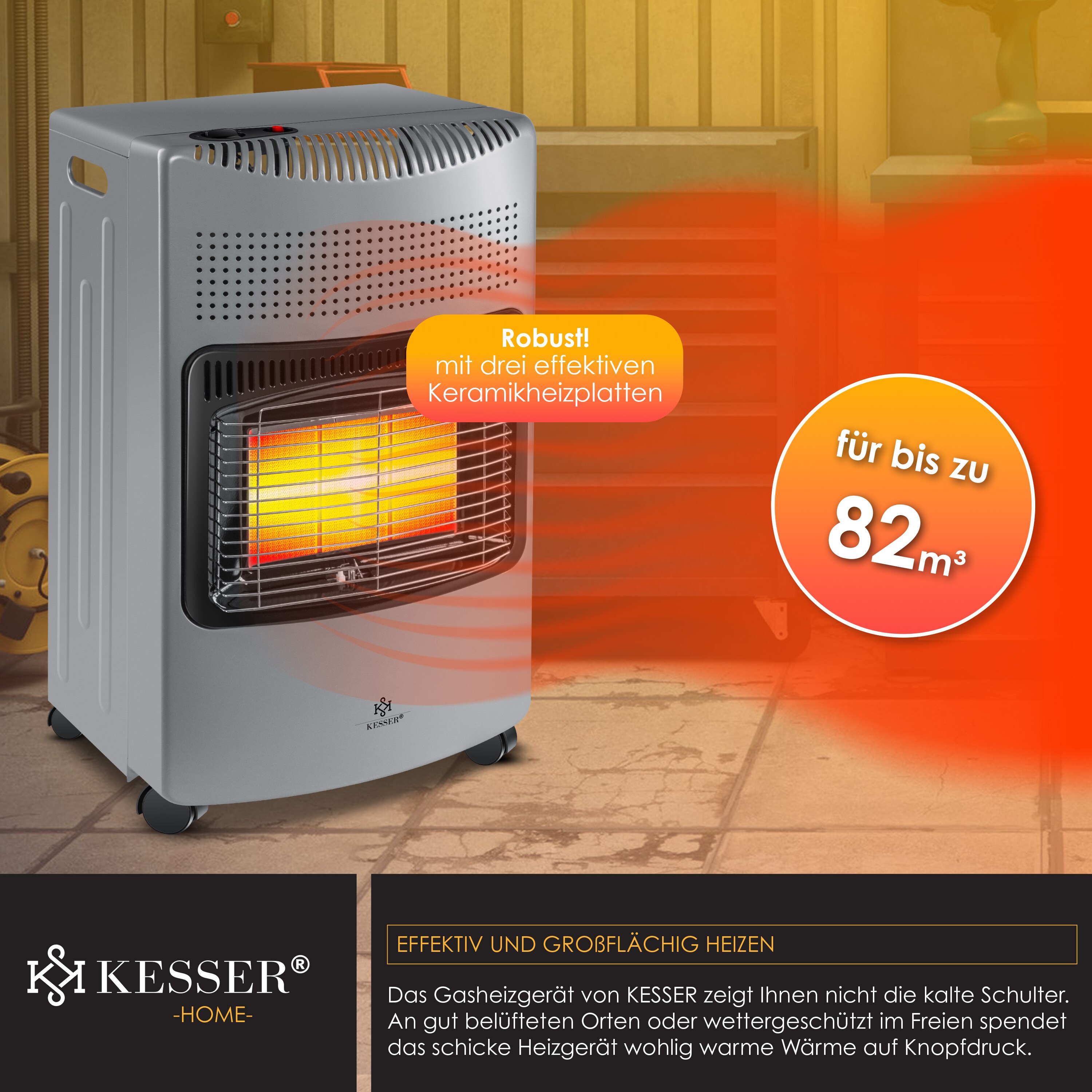 KESSER® 4200 Watt Keramik Gasheizer inkl. Gasdruckregler Gasschlauch + Schutzhülle - Gasheizofen, Heizstrahler Gasheizgerät, Infrarot Keramikbrenner, Butan- oder Propangasflaschen bis 15kg