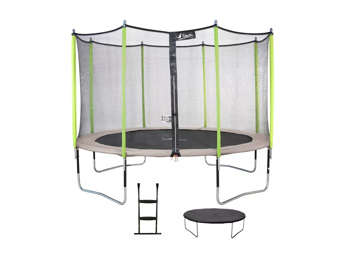 Kangui - Trampoline de jardin 365 cm + filet de sécurité + échelle + bâche de protection JUMPI Taupe/Vert 360.
