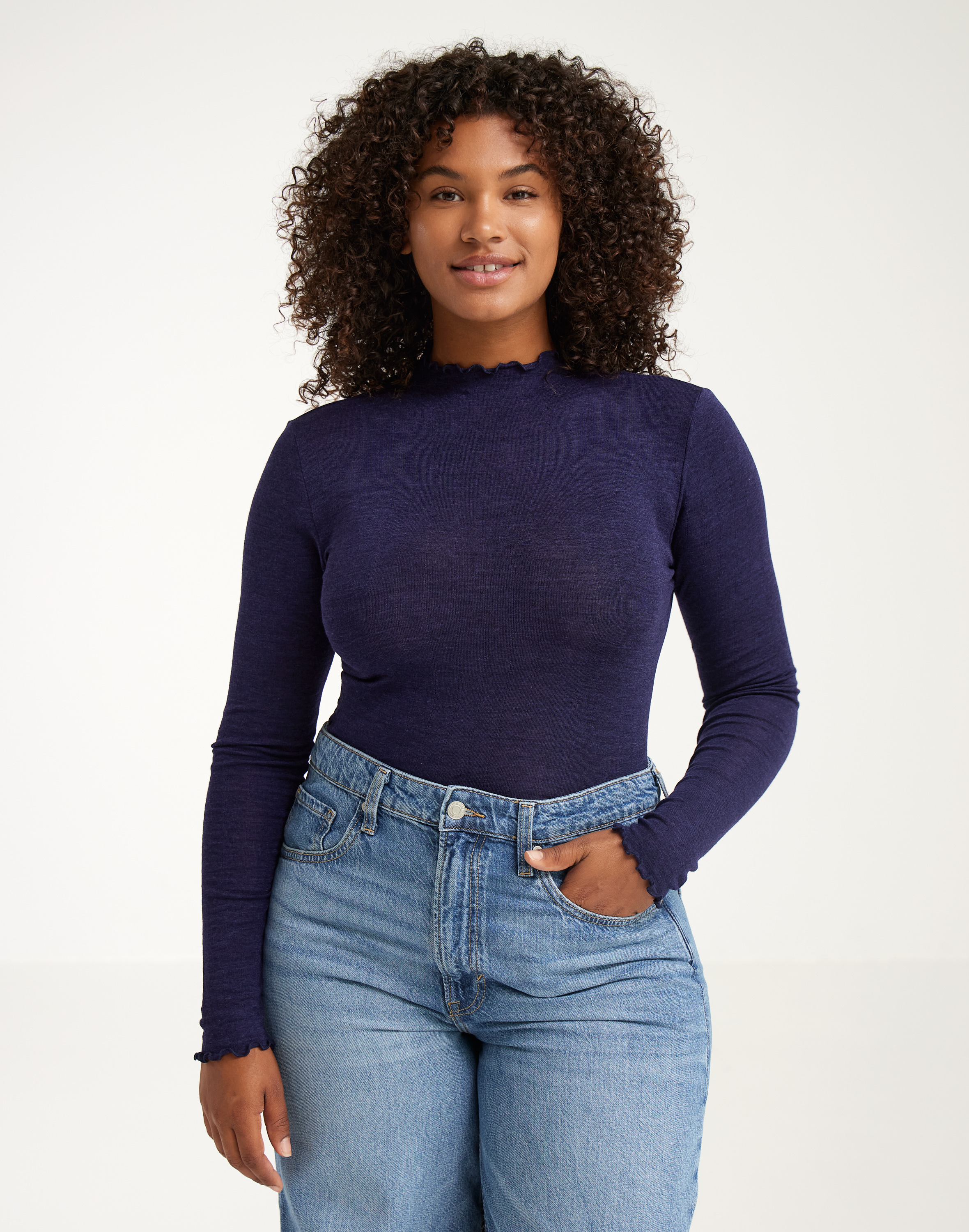 Pointelle shirt met hoge hals van merinowol/zijde voor dames