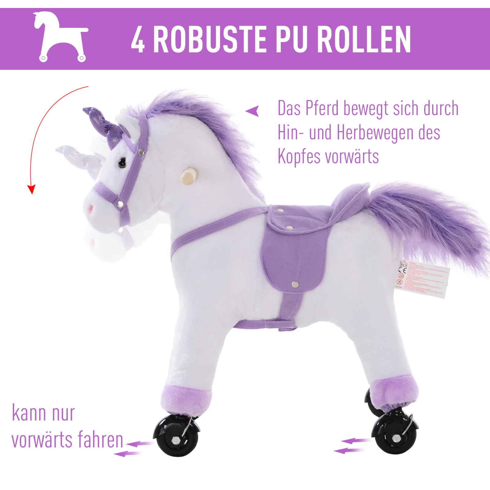 HOMCOM Plüsch-Einhorn auf Rollen weiß, lila 55 x 23 x 60 cm (LxBxH)