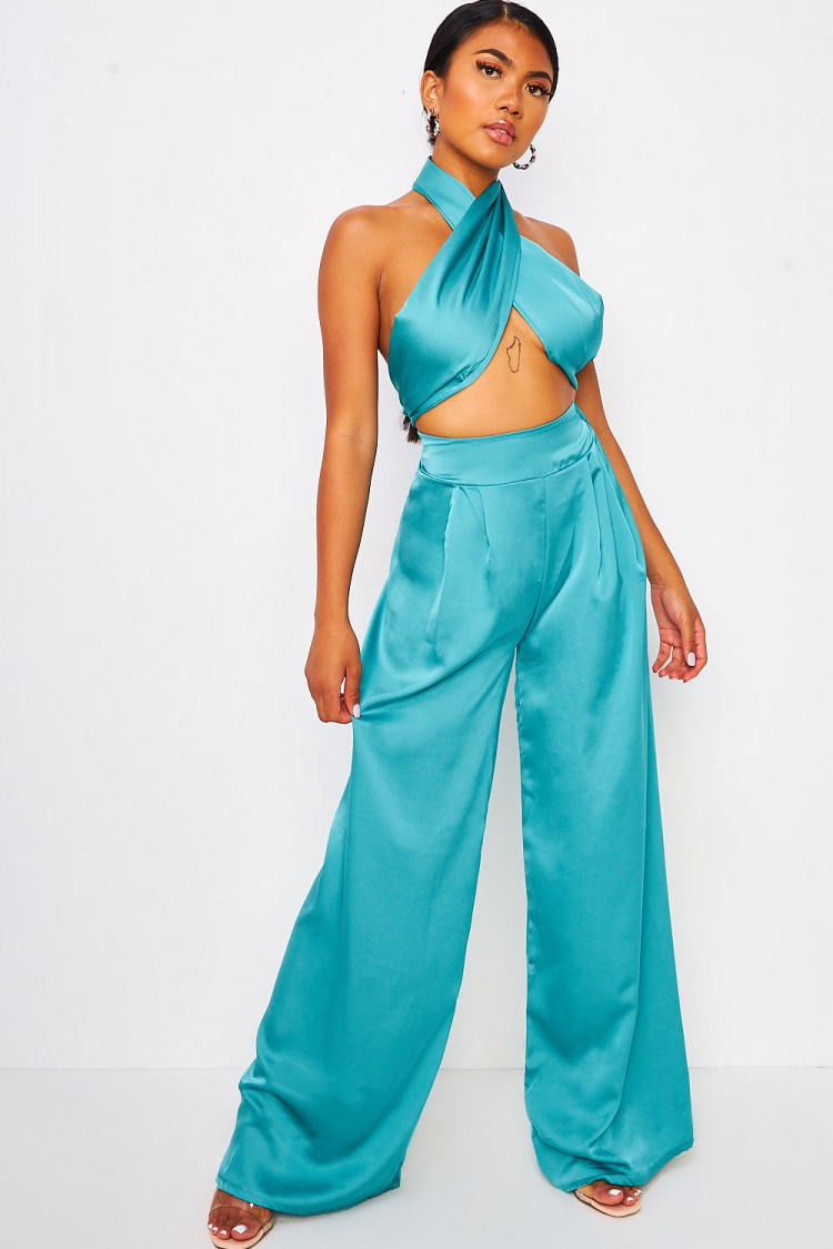 Ensemble satiné bleu vert top à nouer + pantalon