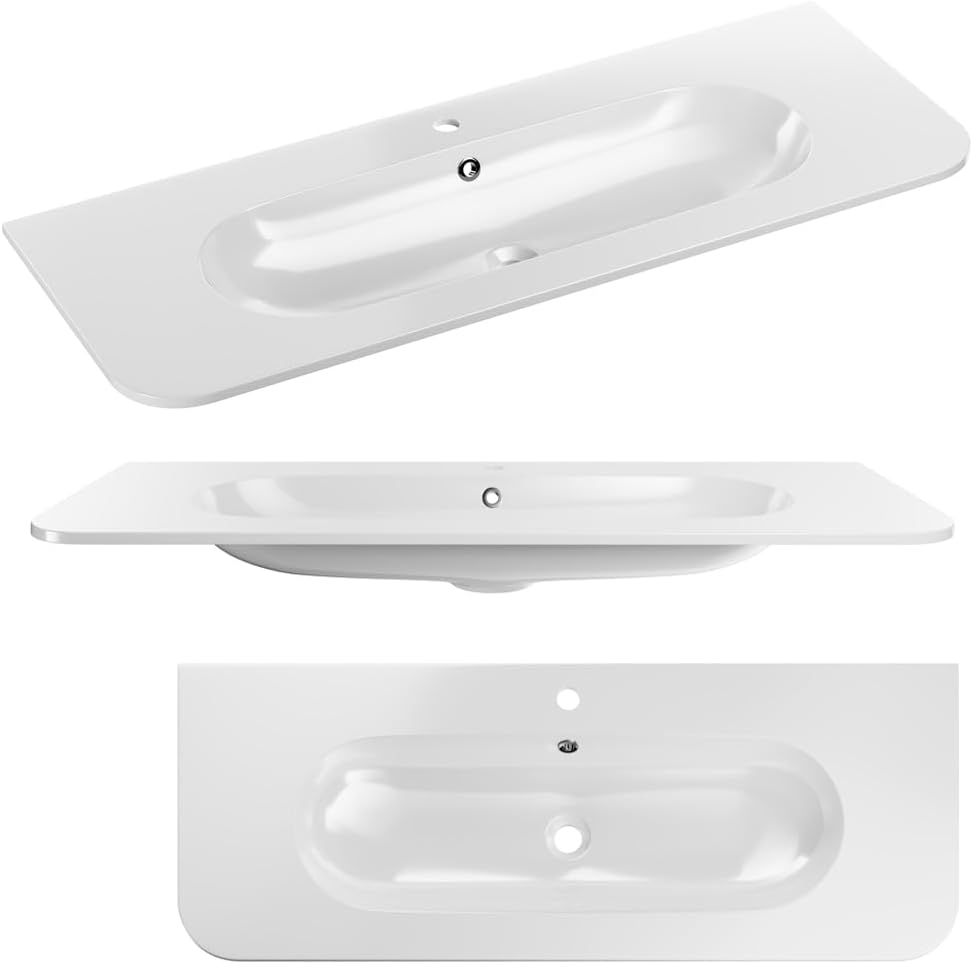 Lomadox Badmöbel-Set 3-teilig Waschtisch 120 cm mit Keramik Waschbecken, LED Spiegel und Hochschrank in Eiche, gerillt, abgerundete Kanten, Softclose, Metallgriffe