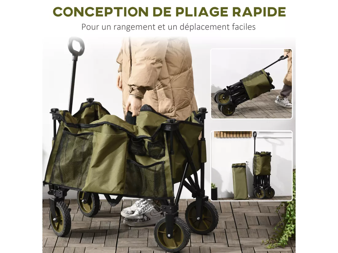 Chariot de jardin pliable 4 roues - bâche amovible, poignée télescopique réglable, 5 pochettes rangement - acier polyester kaki