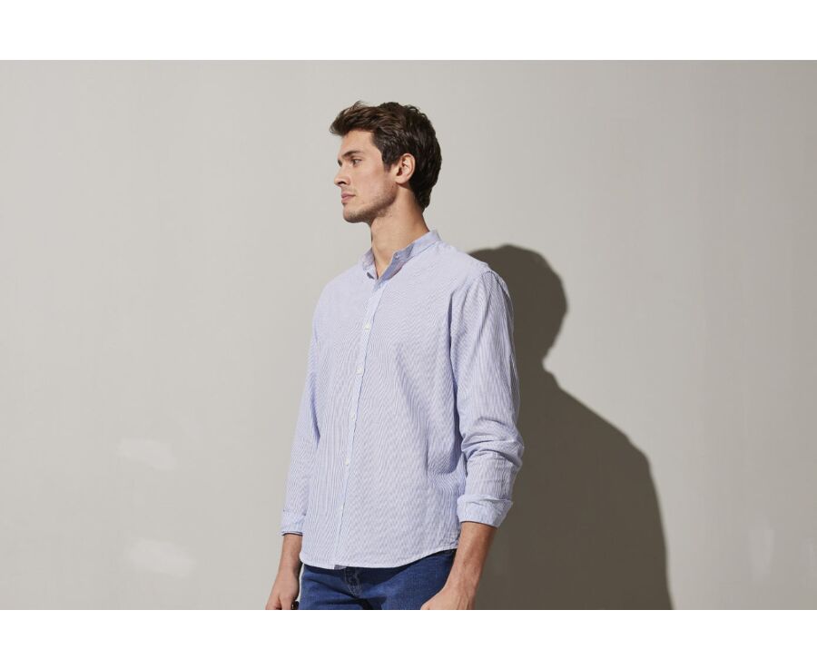Chemise seersucker à rayures fines bleues foncées et blanches - COLBERT