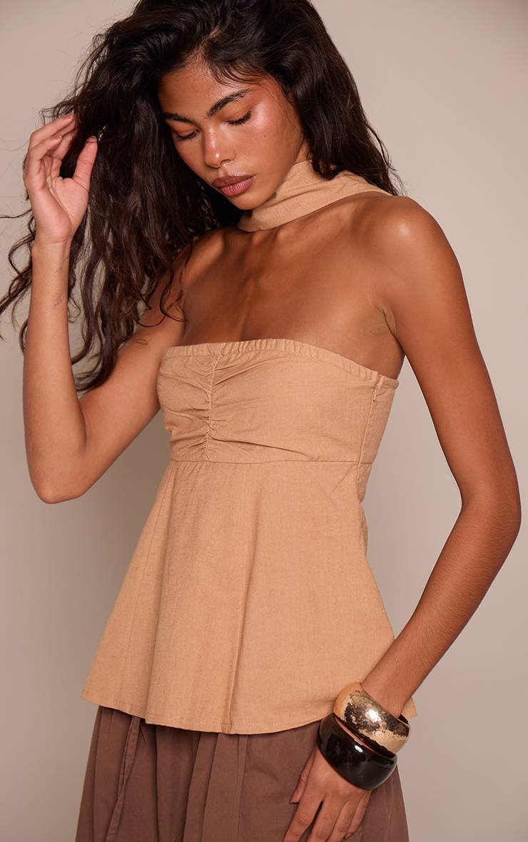 Camel Haut Bandeau En Lin Avec Détail Foulard