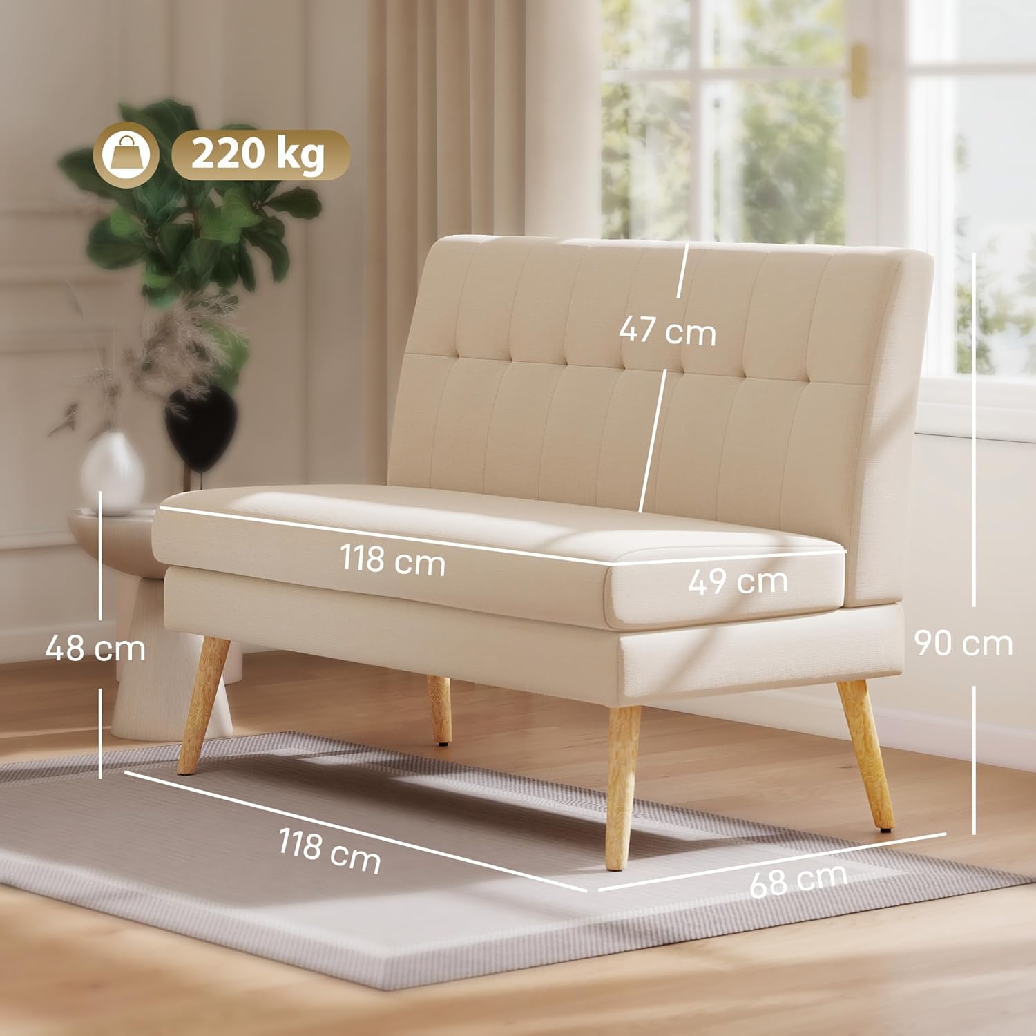 HOMCOM Sofa 2 Sitzer Couch mit Leinenoptik, Getuftete Rückenlehne Kleine Polstersofa Modern 118 cm Gepolstert Doppelsofa mit Holzbeine für Wohnzimmer, Kleine Räume, Beige