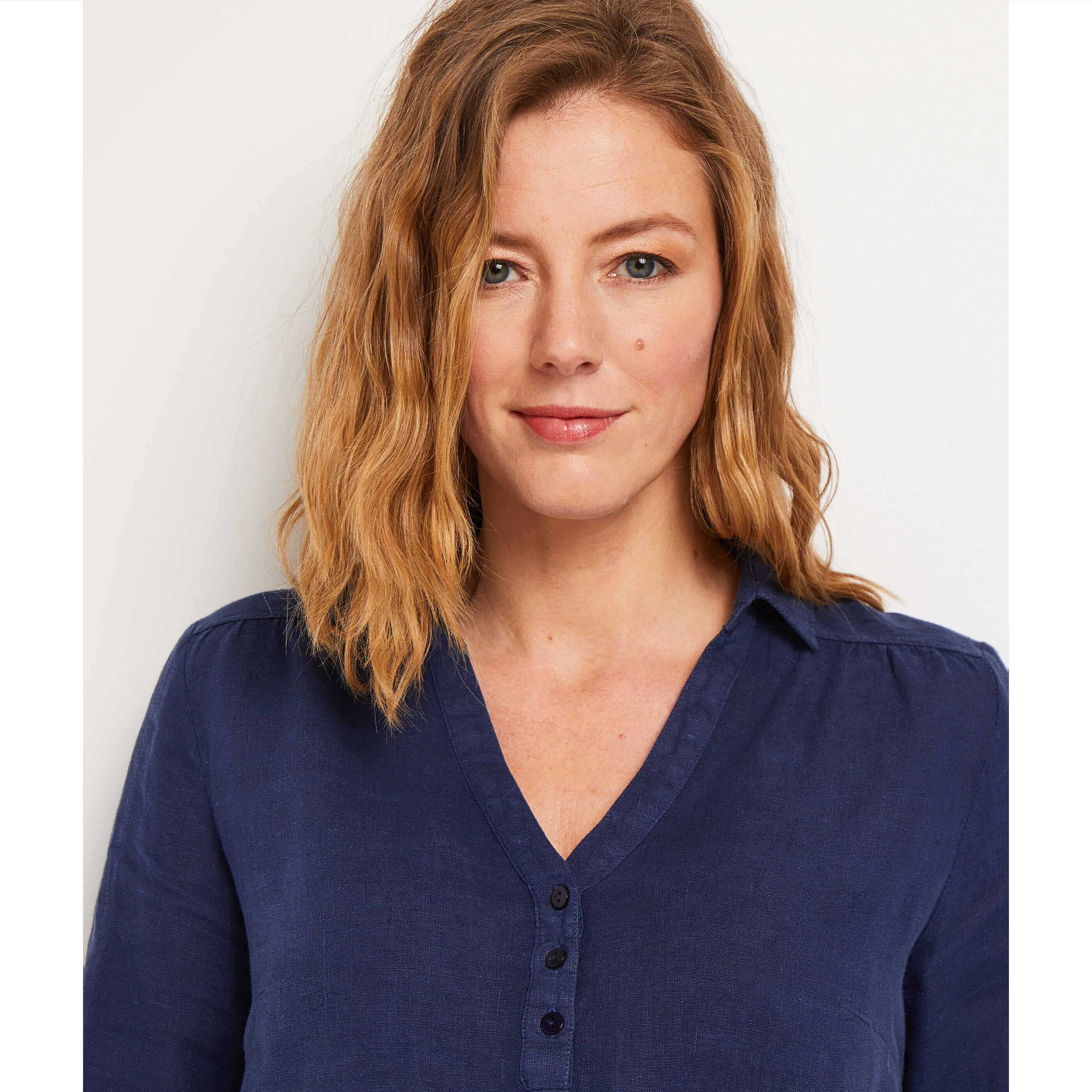 Blouse en lin col chemise femme - MARINE
