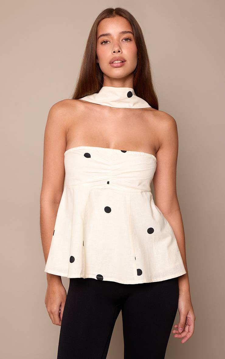 Blanc Haut Bustier En Lin À Pois Avec Détail Foulard