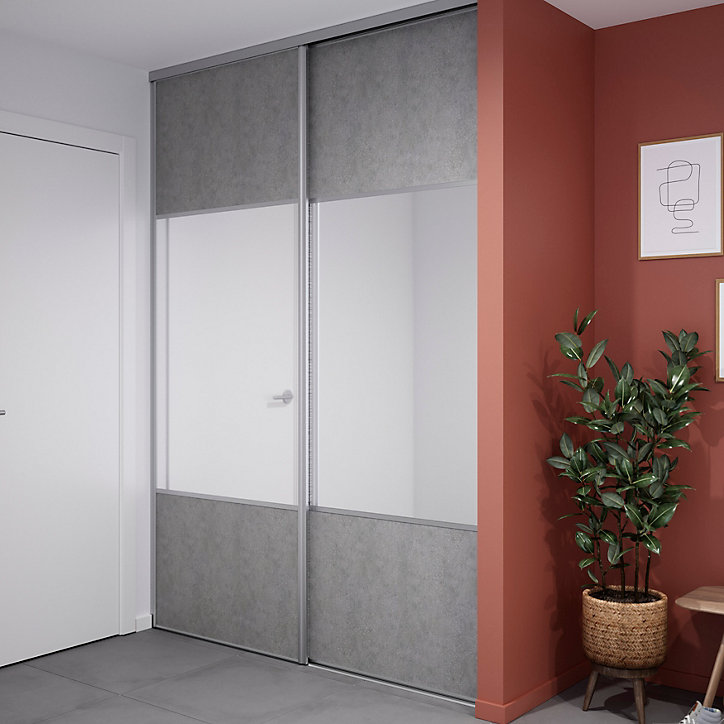 Porte de placard coulissante avec miroir béton profil gris GoodHome Arius H. 248,5 x L. 92.2 cm + amortisseurs