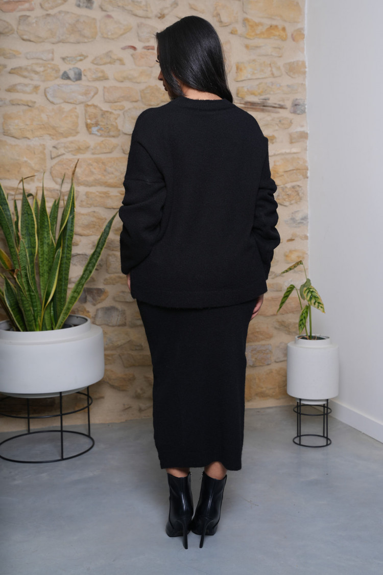 Ensemble 2 pièces pull + jupe noire texturée