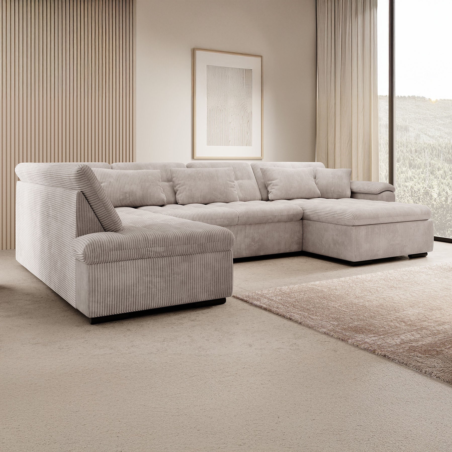 Nicoreta - Hoekbank 5-zits met chaise longue - Ribstof beige - Rechts