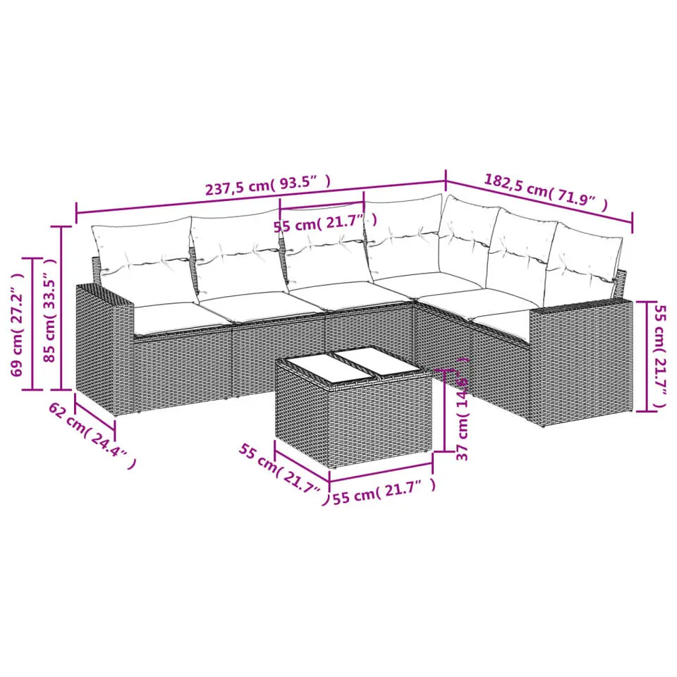 vidaXL - Loungeset met kussens - Grijs - Poly rattan - 7 stuks