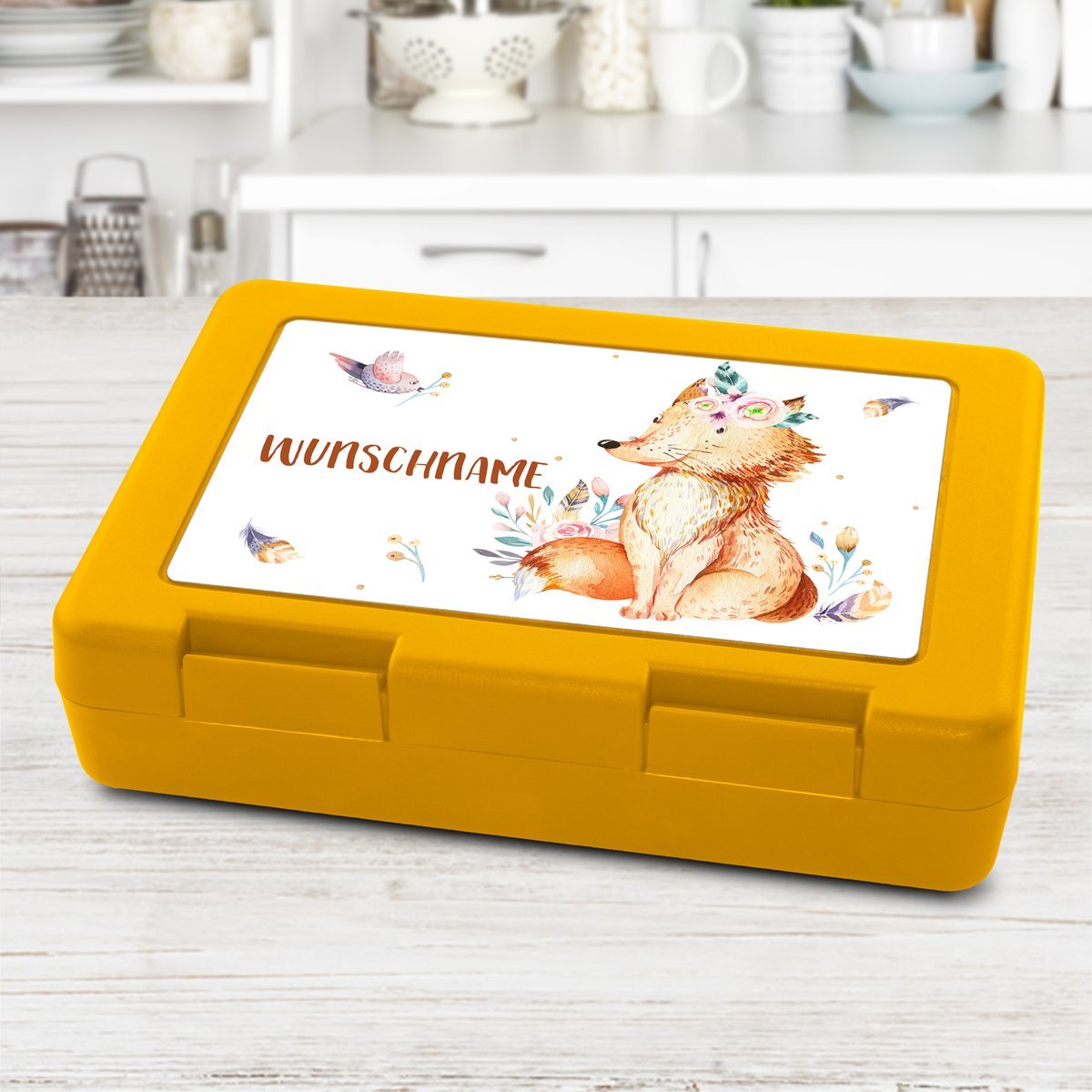 Brotdose mit Namen, gelb (Motiv: Fuchs)