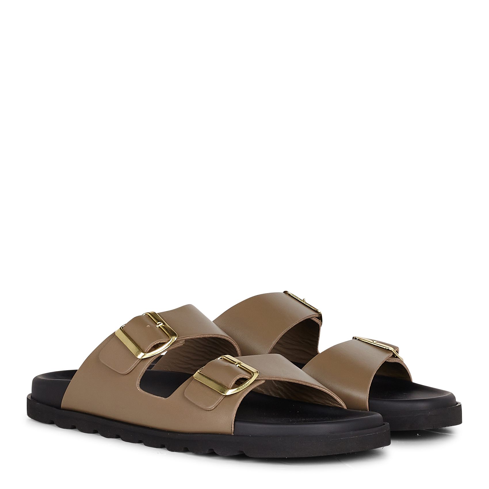 Sandales plates crantées en cuir| Kaki