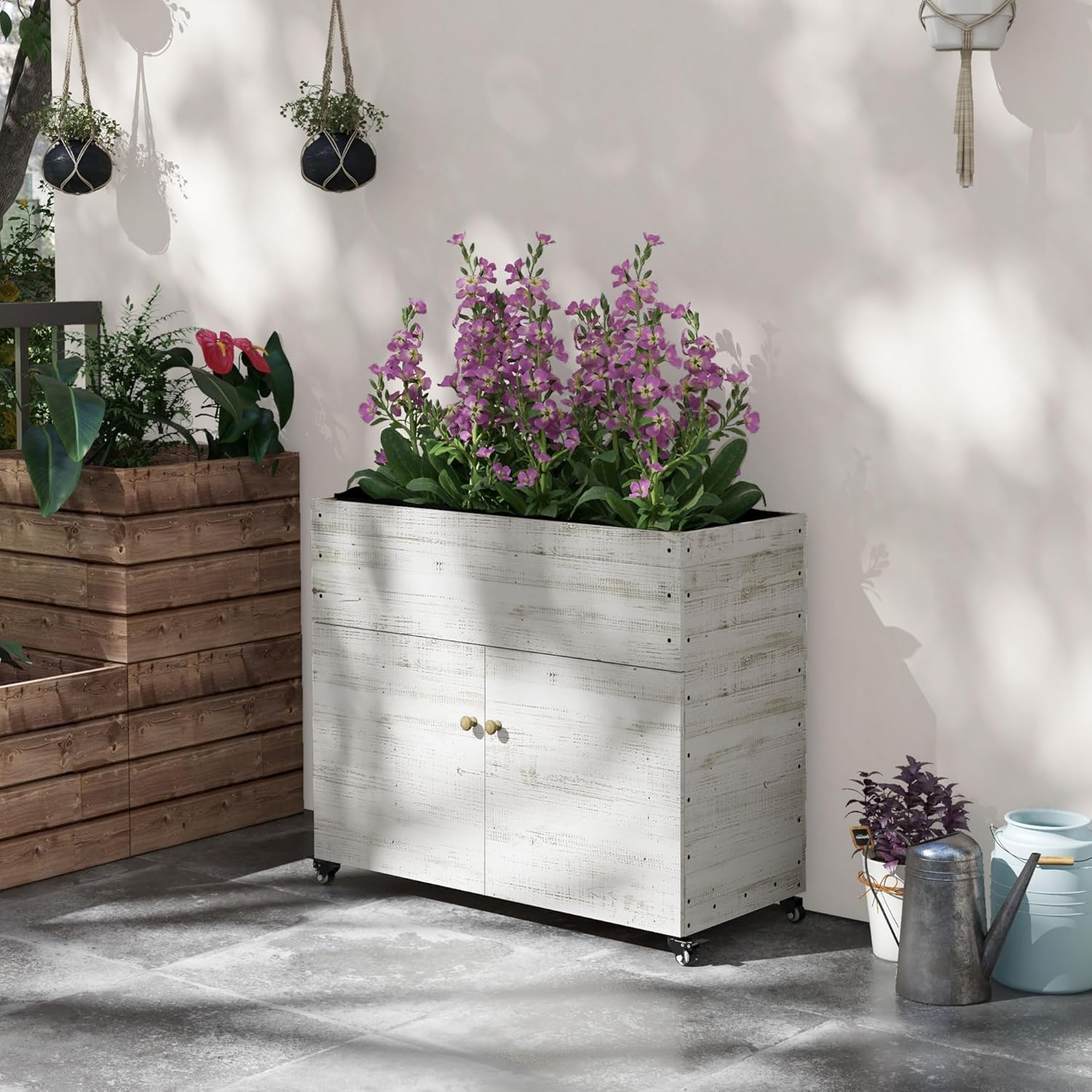 Outsunny Hochbeet aus Holz, Kräuterbeet mit Schrankfach, Frühbeet mit Rollen, Blumenkasten, Pflanzkasten mit Vliesstoff für Balkon, Garten, 110 x 50 x 95 cm, Weiß