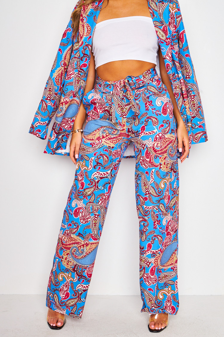 Ensemble bleu paisley blazer + pantalon ceinturé