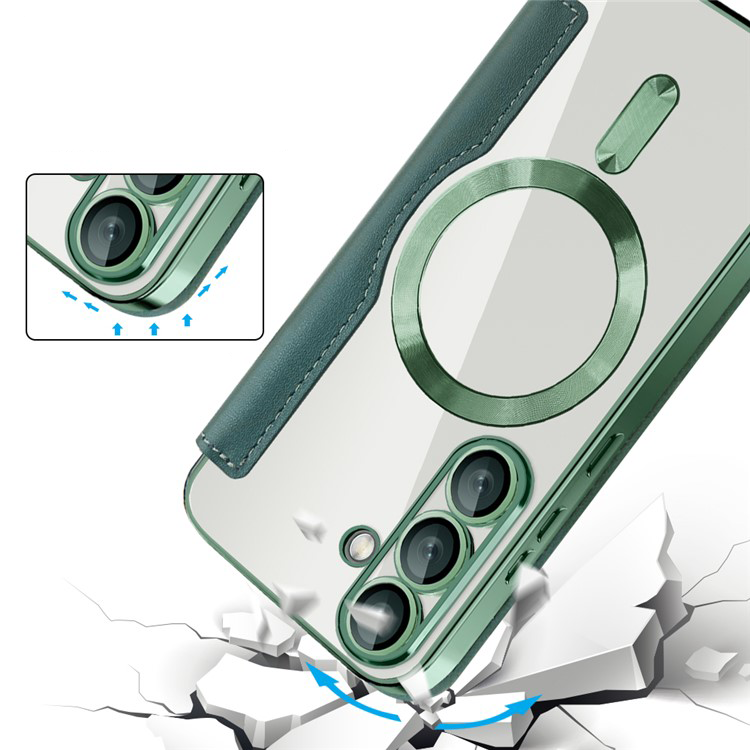 Samsung Galaxy S25 Hybrid Leder Tasche   Kunststoff Rückseite MagSafe-Modul (RFID Schutz) - Grün / Transparent