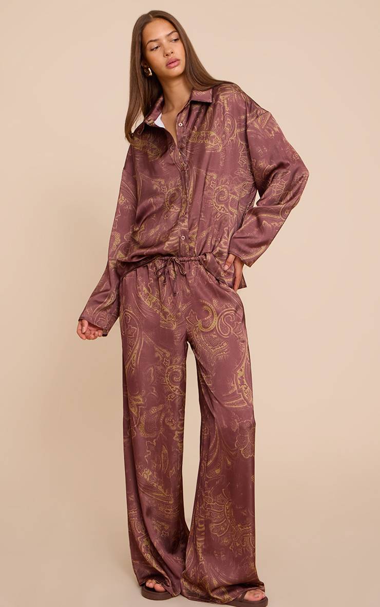 Marron Ensemble Coordonné Chemise En Satin Imprimé Cachemire