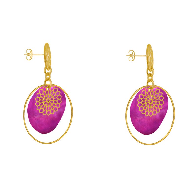 Boucles d'Oreilles Clous Métal Doré Cercle et Pastille de Nacre