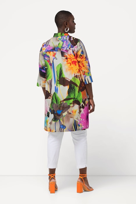 Lyocell-Longbluse, Blüten, Hemdkragen, 3/4-Arm