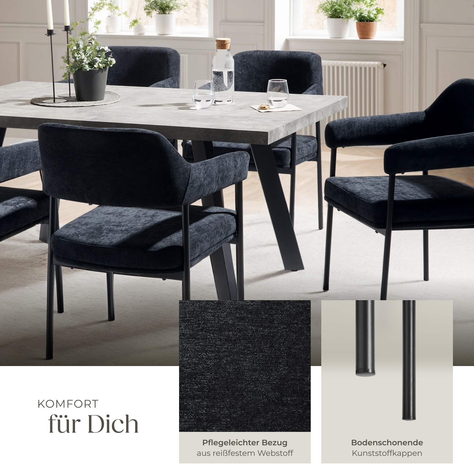 tectake® Armlehnstuhl, gepolstert, schlanke, pulverbeschichtete Stahlbeine, 58 x 62 x 85 cm