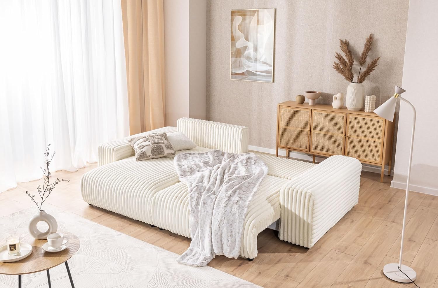 Ecksofa Eckcouch - Sofa mit Schlaffunktion - Schlafsofa - 4 Sitzer L Form Links - Schwarze Füße - Plüschcord - Freistehend - Mollis Hellbeige