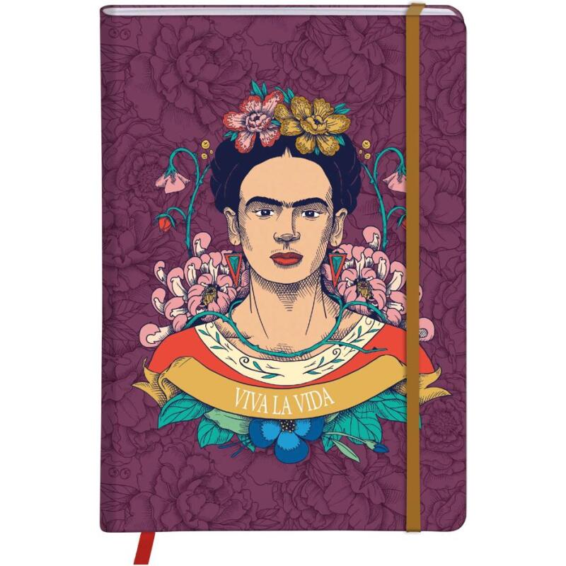 Frida Kahlo, Carnet rembordé rigide A5 14,8x21 cm, 160 pages, ligné, marque page, fermeture élastique, ass.
