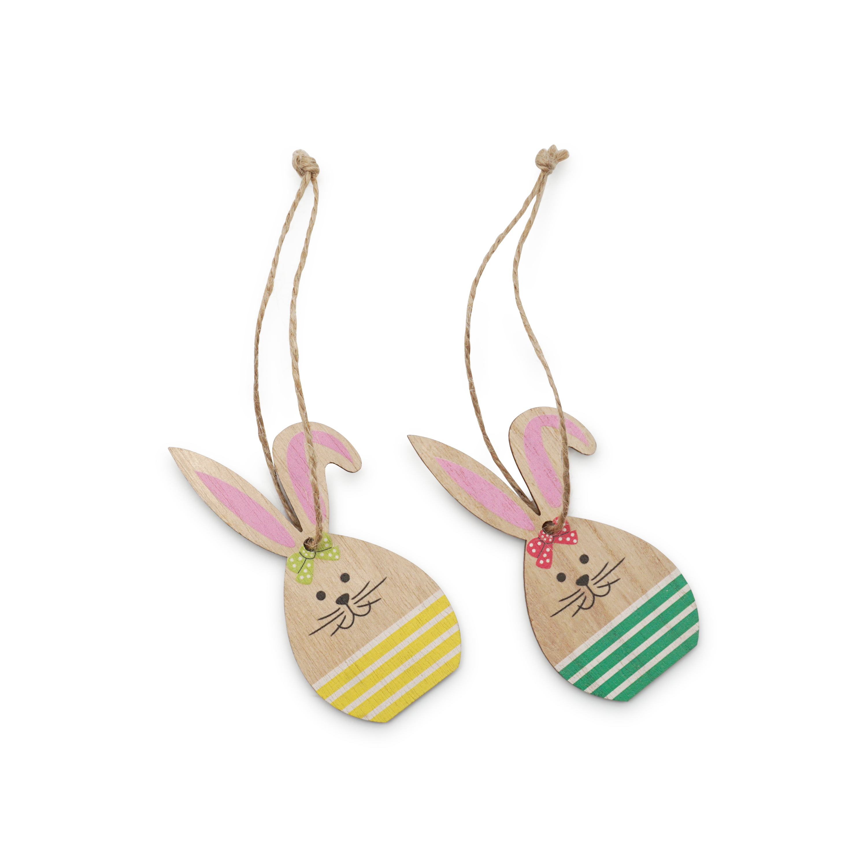 (10er Set) Deko Holz Osterhasen mit Aufhänge Packschnur - Braun / Bunt