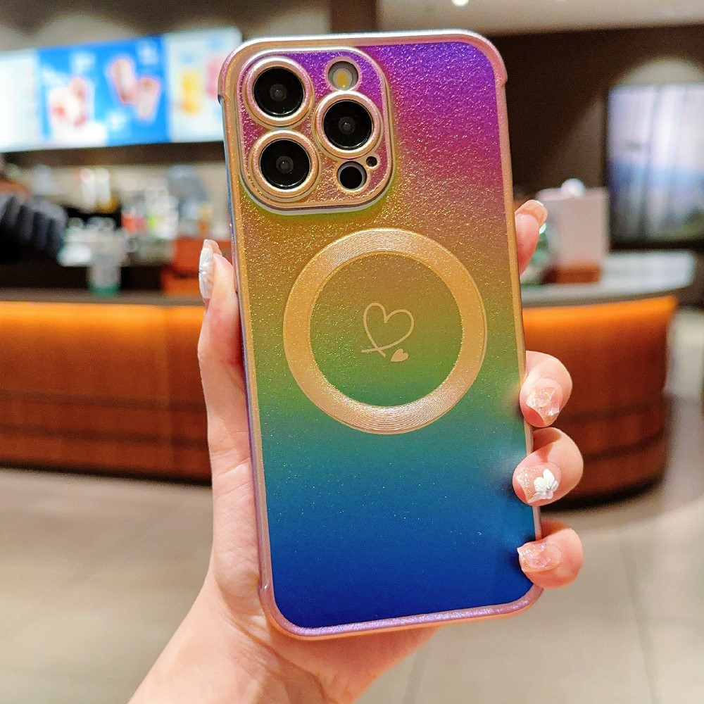 iPhone 16 Pro Max MagSafe Gummi Case Hülle Galvanisierter Rahmen Farbverlauf   Kameraglasschutz - Regenbogen