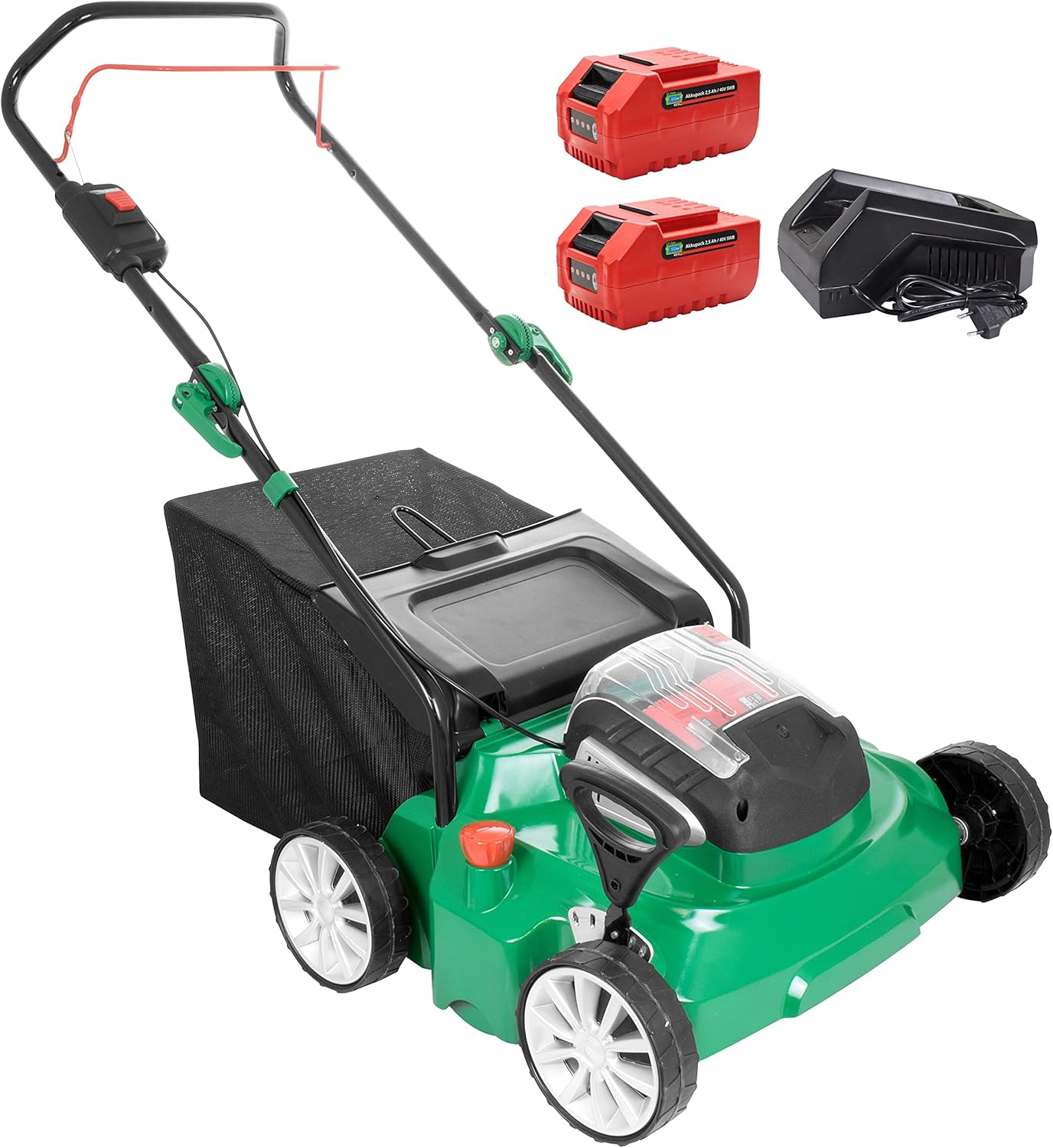 Güde Akku Vertikutierer 400/40-5.0 S 2in1 (40 V, 40 cm Arbeitsbreite, 40 l Fangsack, 4-fache Arbeitstiefe, inkl. 2x 40 V Akkupacks & 1 h Schnellladegerät, bürstenloser Motor, Rasenbelüftung)