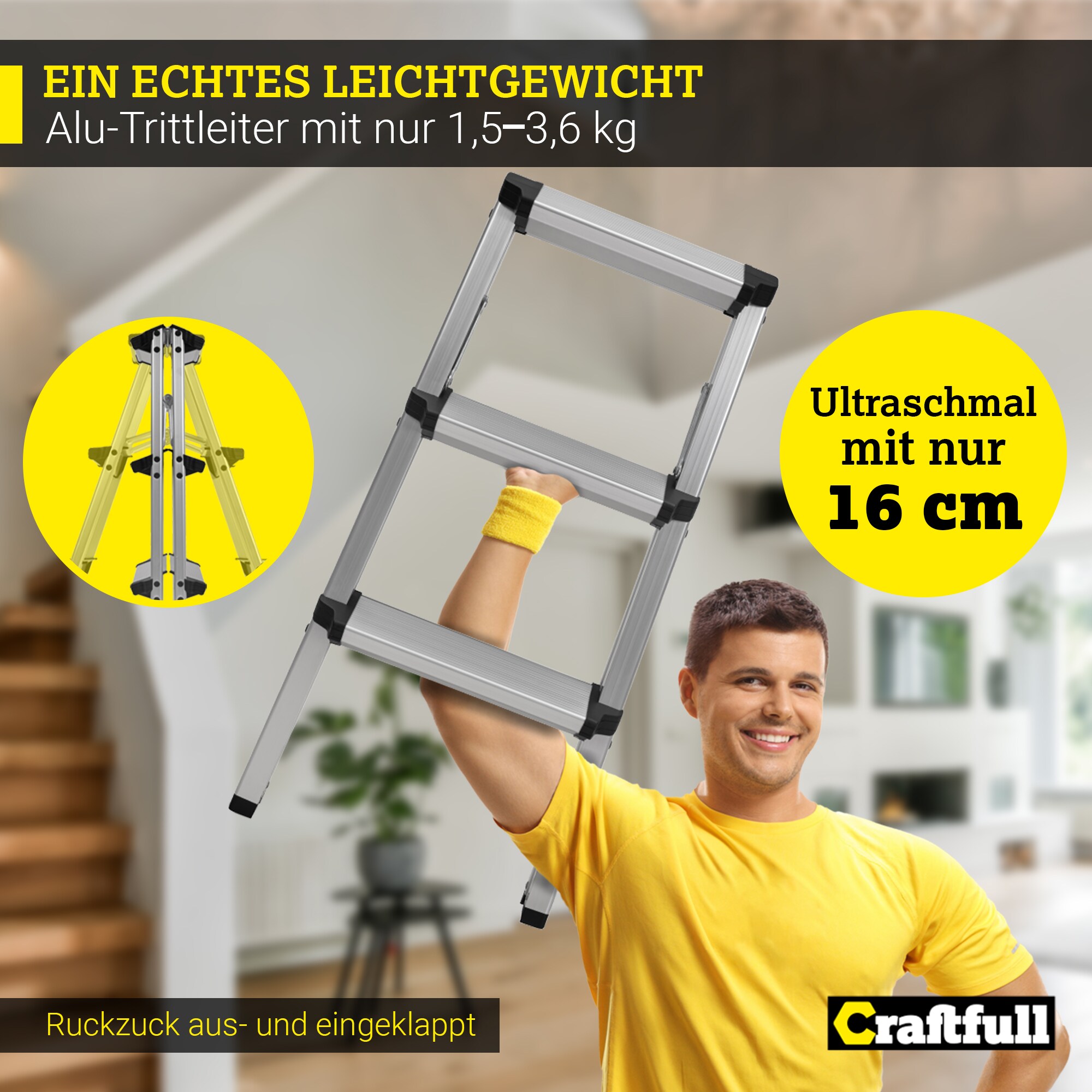 Craftfull Trittleiter CF-131A, 2-5 Stufen, Doppel-Klapptritt aus Aluminium, Anti-Rutsch, klappbar (2 x 2 Stufen)