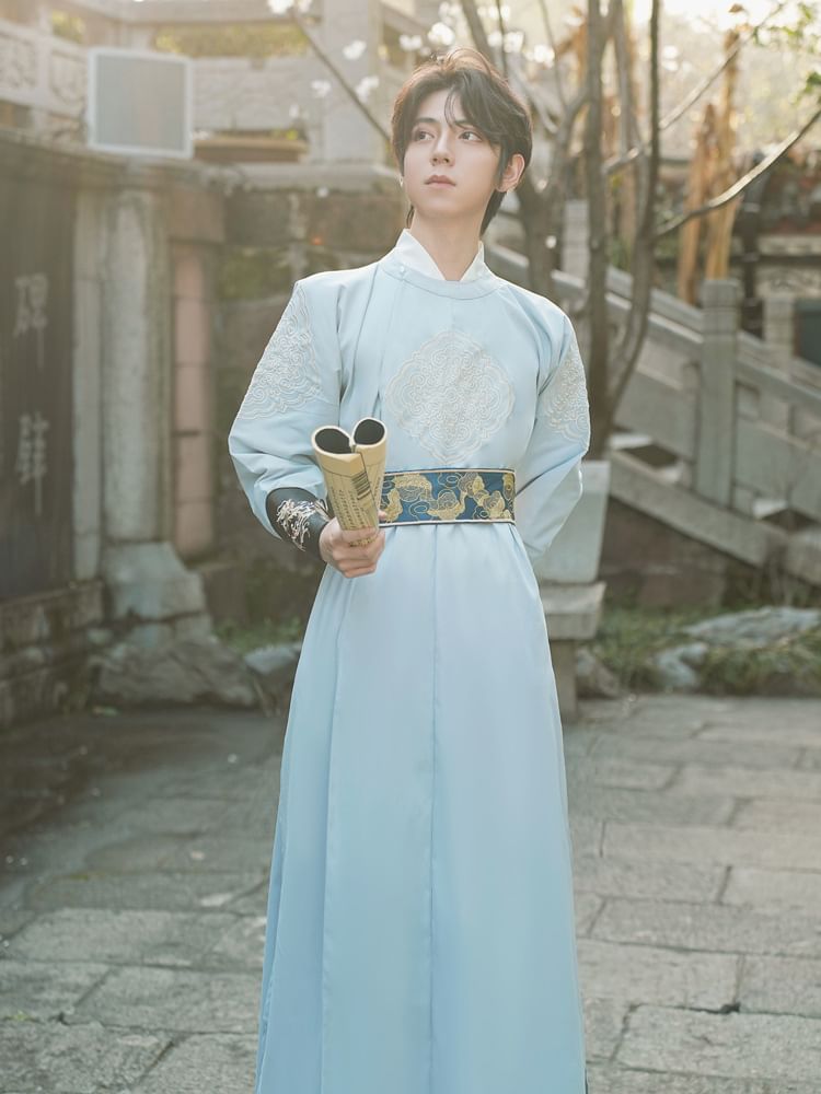 Tangier - Effen Hanfu-top met lange mouwen / Losse broek / Geborduurde gewaad / Sjerp / Polsmanchet / Set
