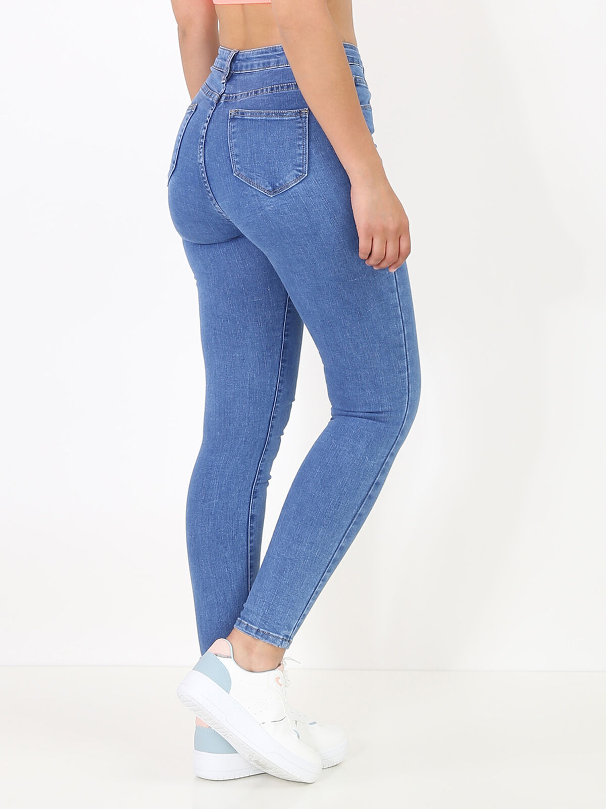 Jeans skinny brut à boutons- Bleu