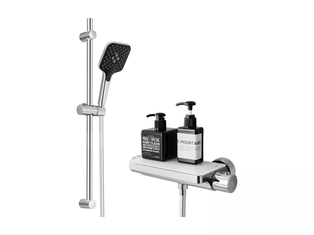 2PCS Lonheo max Élégant Ensemble de Douche avec Etagère et Douchette à Main 3 Fonctions, Chromé Colonne de Douche Thermostatique avec 38°C Mitigeur