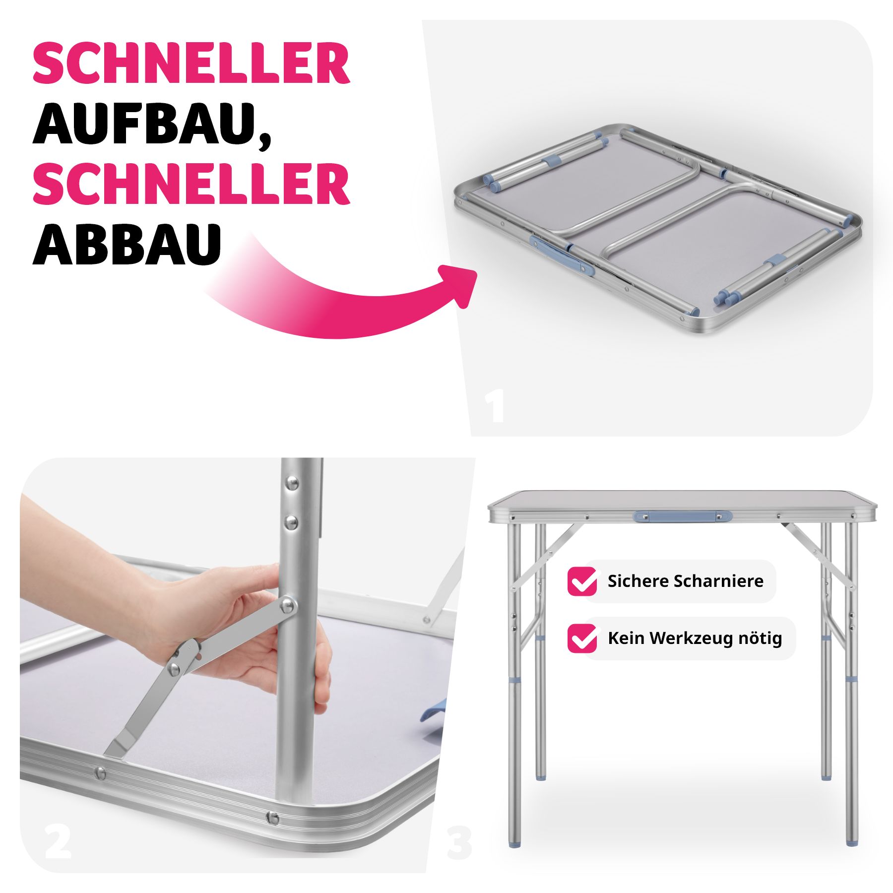 tectake® Campingtisch, klappbar, anschraubbare, höhenverstellbare Beine und Füße, 75 x 55 x 68 cm