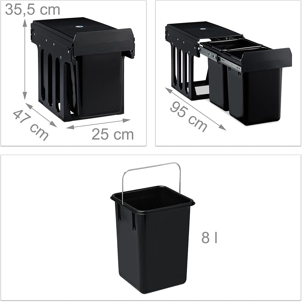 relaxdays poubelle encastrable coulissante, 2 bacs, système de trie pour le sous-évier, 2x8 l, 35,5 x 25 x 47 cm, noir : Cuisine et Maison