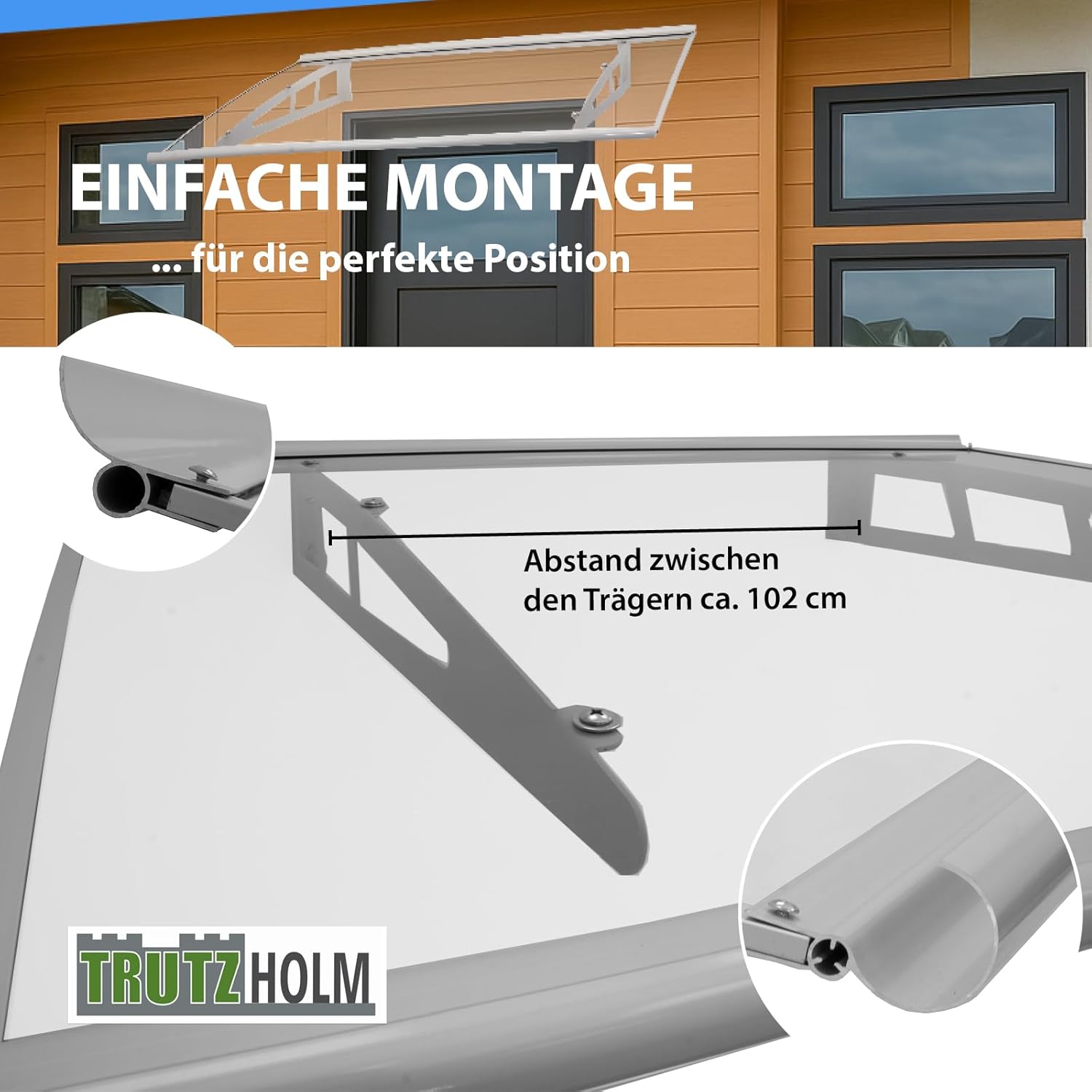 TRUTZHOLM Vordach für Haustür aus Aluminium und Polycarbonat 145 x 100 cm Haustürvordach Pultvordach Türdach Türvordach Haustür Dach