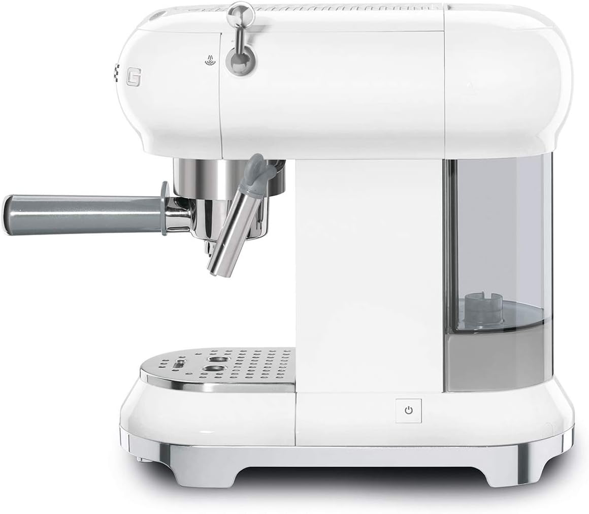 Smeg, ECF01WHEU Manual Espresso -Maschine, Cappuccino -System, Thermoblock, große Tassengehäuse und Doppelkaffeefunktion, 1 l Wassertank, kompakte Abmessungen, 1350W, Weiß