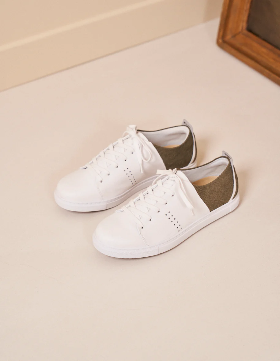 Baskets basses René - Cuir vegan blanc et velours kaki