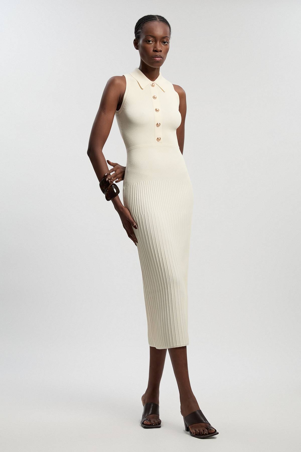 KarenMillen Robe Midi Sans Manches Militaire En Maille Côtelée